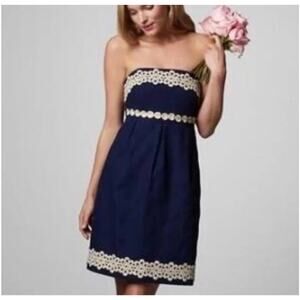 Lilly Pulitzer Betsey Jacquard Gold Lace Navy‎ Blue Strapless Dress Size 0